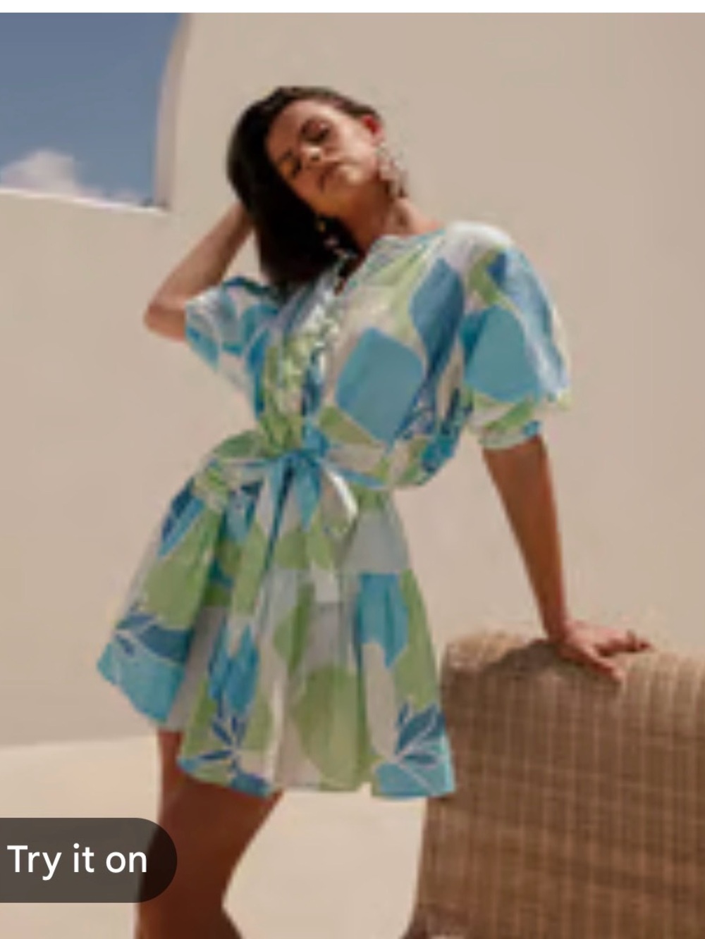 Women's Blue & Green Floral Tie-Waist Dress